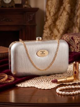 ESBEDA - Womens Silver Glossy Grid Box Clutch with Detachable Strap (S)