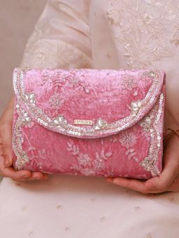 AMYRA - Pink Suki Velvet Embroidered Flapover Clutch