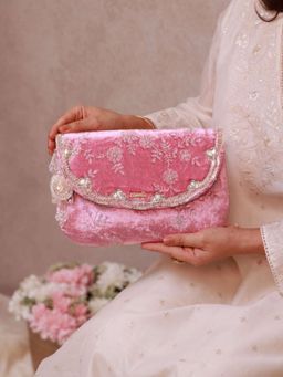 AMYRA - Pink Suki Velvet Embroidered Envelope Clutch
