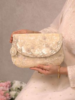 AMYRA - Off White Suki Velvet Embroidered Envelope Clutch