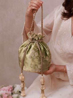 AMYRA - Green Suki Velvet Embroidered Base Potli Bag