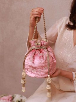 AMYRA - Pink Suki Velvet Embroidered Base Potli Bag