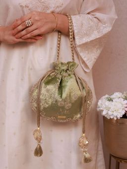 AMYRA - Green Suki Velvet Scallop Embroidered Potli Bag