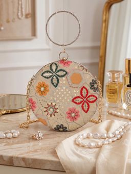 ESBEDA - Womens Beige Heritage Bloom Embroidered Round Clutch (S)