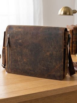 Sassora - Mens Brown Genuine Leather Office & Travel Fits 16.5 Inch Laptop Messenger Bag (L)