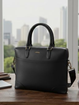 Sassora - Unisex Black Genuine Leather 16-Inch Laptop Messenger Bag (L)