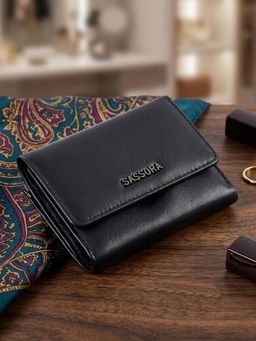 Sassora - Black Genuine Leather Compact RFID Blocking Trifold Wallet (S)