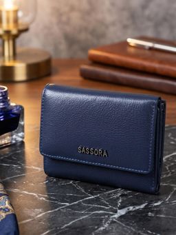 Sassora - Navy Blue Genuine Leather Compact RFID Blocking Trifold Wallet (S)