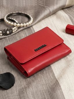Sassora - Red Genuine Leather Compact RFID Blocking Trifold Wallet (S)