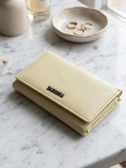 Sassora - Beige Genuine Leather RFID High Capacity 12 Card Slots Trifold Wallet (S)