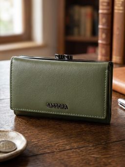 Sassora - Green Genuine Leather RFID High Capacity 12 Card Slots Trifold Wallet (S)