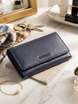 Sassora - Navy Blue Genuine Leather RFID High Capacity 12 Card Slots Trifold Wallet (S)