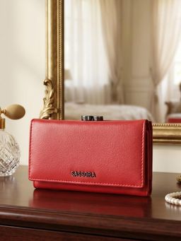 Sassora - Red Genuine Leather RFID High Capacity 12 Card Slots Trifold Wallet (S)
