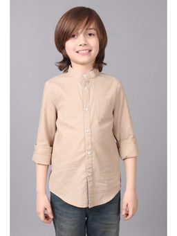 One Friday - Boys Cotton Band Collar Full Sleeves Patch Pocket Shirt-Beige