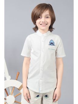 One Friday - Boys White Embroidered Chinese Collar Knit Short Sleeve Shirt
