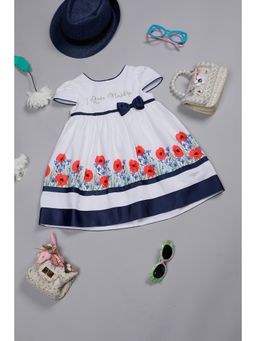 One Friday - Infant Girls White Cotton Floral Printed Dress with Contrast Piping