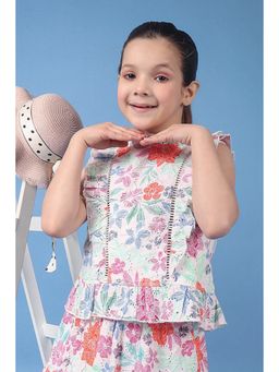 One Friday - Girls Printed Lace Detailed Top with Frills & Neck Band