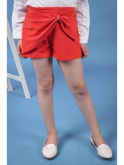 One Friday - Girls Red Cotton Blend Shorts with Bow Pattern