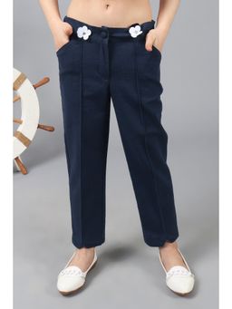 One Friday - Girls Cotton Navy Blue Pants with Pockets