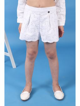 One Friday - Girls Cotton White Stiffly Shorts with Bow & Scalloped Hemline