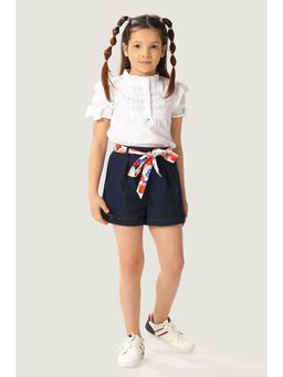 One Friday - Girls Navy Blue Cotton Short with Belt (Set of 2)