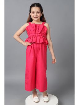 One Friday - Girls Pink Cotton Square Shape Full Jumpsuit