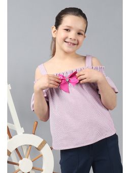 One Friday - Girls Pink Cotton Stripe Ruffle Sleeves Smocked Top
