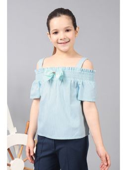 One Friday - Girls Pastel Cotton Stripe Ruffle Sleeves Smocked Top