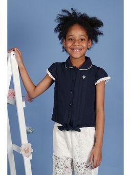 One Friday - Girls Navy Blue Cotton Cap Sleeves Top with Edge Lace