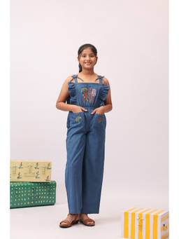 The Little Trunk - Blue Embroidered Cotton Regular Fit Jumpsuit