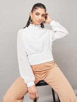 Styli - High Neck Pleat Waistband Detail Blouse