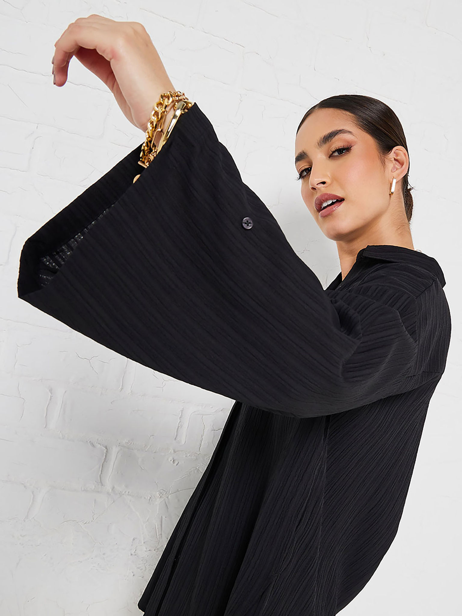 Women Oversized Drop Shoulder Crepe Longline Shirt