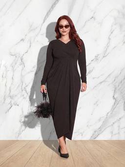 Miss Chase - Womens A+ Curve Collection Plus Size Black Wrap Polyester Midi Dress