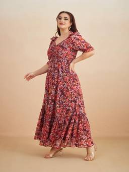 Miss Chase - Womens A+ Curve Collection Plus Size Wine Floral Ruching Dress