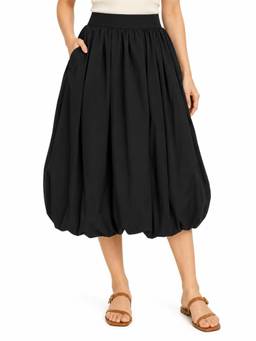 Tikhi Imli - Black Cotton High Waist Balloon Midi Skirt