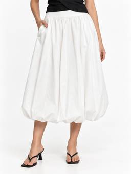 Tikhi Imli - White Cotton High Waist Balloon Midi Skirt