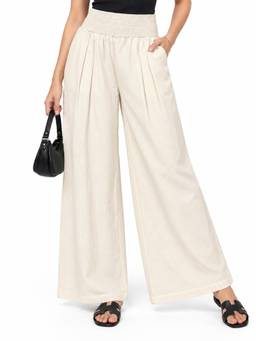 Tikhi Imli - Relaxed Fit Ivory Stripes Pure Cotton Smocking Pant