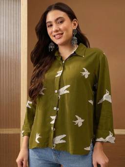 Stylum - Womens Olive Printed Rayon High-Low Shirt Style Top