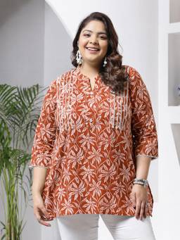 Stylum - Womens Plus Size Rust Tropical Printed Cotton Empire Top
