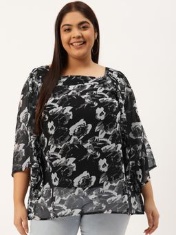 theRebelinme - Plus Size Womens Black & Off White Floral Printed Georgette Longline Top
