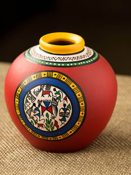 ExclusiveLane - 6 Inch Terracotta Handpainted Warli Matki Shaped Vase In Red