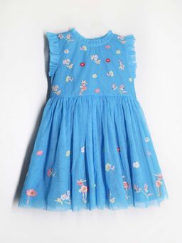 CHERRY CRUMBLE BY NITT HYMAN - Girls Blue Zipper Closure Embroidered Fit & Flare Dress