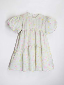 CHERRY CRUMBLE BY NITT HYMAN - Mint Floral & Puffy Sleeves with Zipper Closure Dress