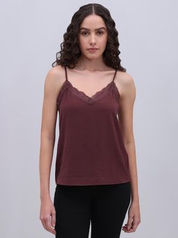 VERO MODA - Women Maroon Lace Trim Camisole Top