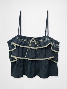 American Eagle - Navy Blue Embroidered Ruffle Crop Top
