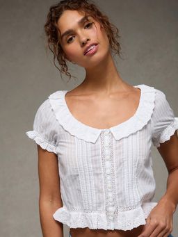 American Eagle - White Stripes Button-Up Crop Top