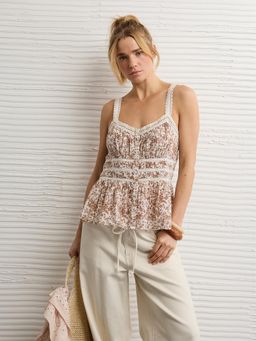 American Eagle - Brown Flutter Floral Printed Top