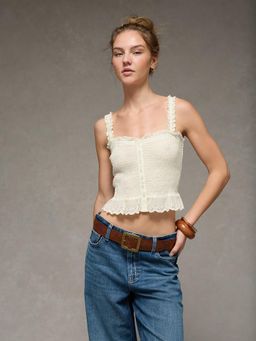 American Eagle - Cream Self Design Smocked Button-Up Crop Top