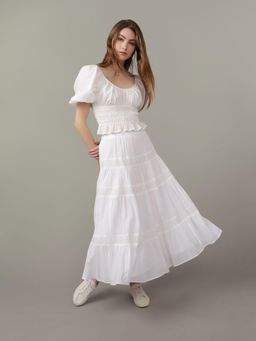 American Eagle - White Solid Stylish Puff Sleeves Top