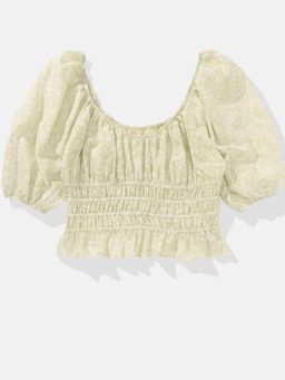 American Eagle - Light Olive Floral Printed Stylish Puff Sleeves Top